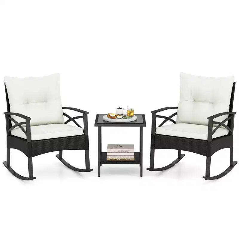 Costway 3 PCS Rattan Rocking Chair Set with Acacia Wood Tabletop Armrests for Porch Balcony Mix Brown + Beige/Gray/Navy/Black