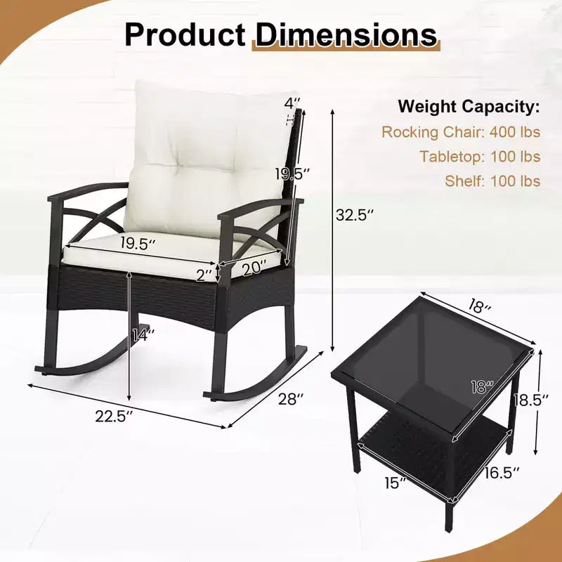 Costway 3 PCS Rattan Rocking Chair Set with Acacia Wood Tabletop Armrests for Porch Balcony Mix Brown + Beige/Gray/Navy/Black