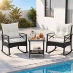 Costway 3 PCS Rattan Rocking Chair Set with Acacia Wood Tabletop Armrests for Porch Balcony Mix Brown + Beige/Gray/Navy/Black