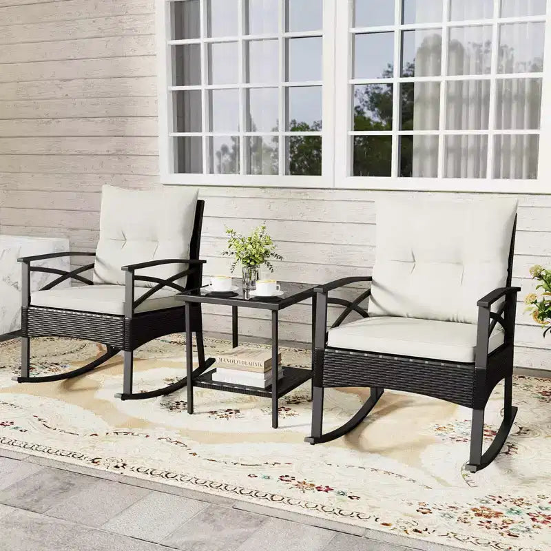 Costway 3 PCS Rattan Rocking Chair Set with Acacia Wood Tabletop Armrests for Porch Balcony Mix Brown + Beige/Gray/Navy/Black
