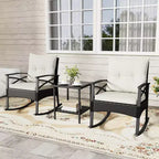 Costway 3 PCS Rattan Rocking Chair Set with Acacia Wood Tabletop Armrests for Porch Balcony Mix Brown + Beige/Gray/Navy/Black