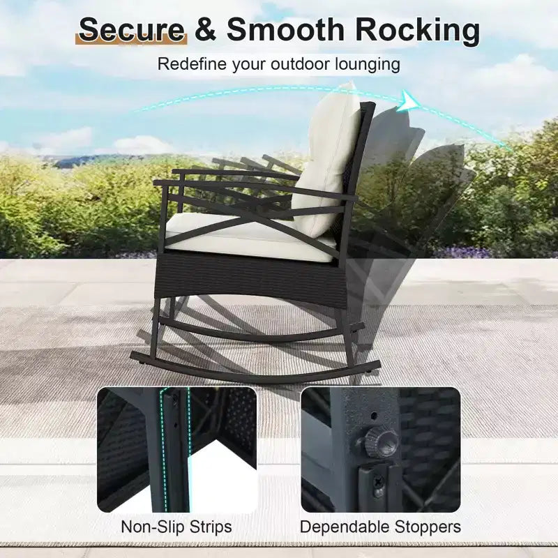 Costway 3 PCS Rattan Rocking Chair Set with Acacia Wood Tabletop Armrests for Porch Balcony Mix Brown + Beige/Gray/Navy/Black