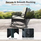 Costway 3 PCS Rattan Rocking Chair Set with Acacia Wood Tabletop Armrests for Porch Balcony Mix Brown + Beige/Gray/Navy/Black