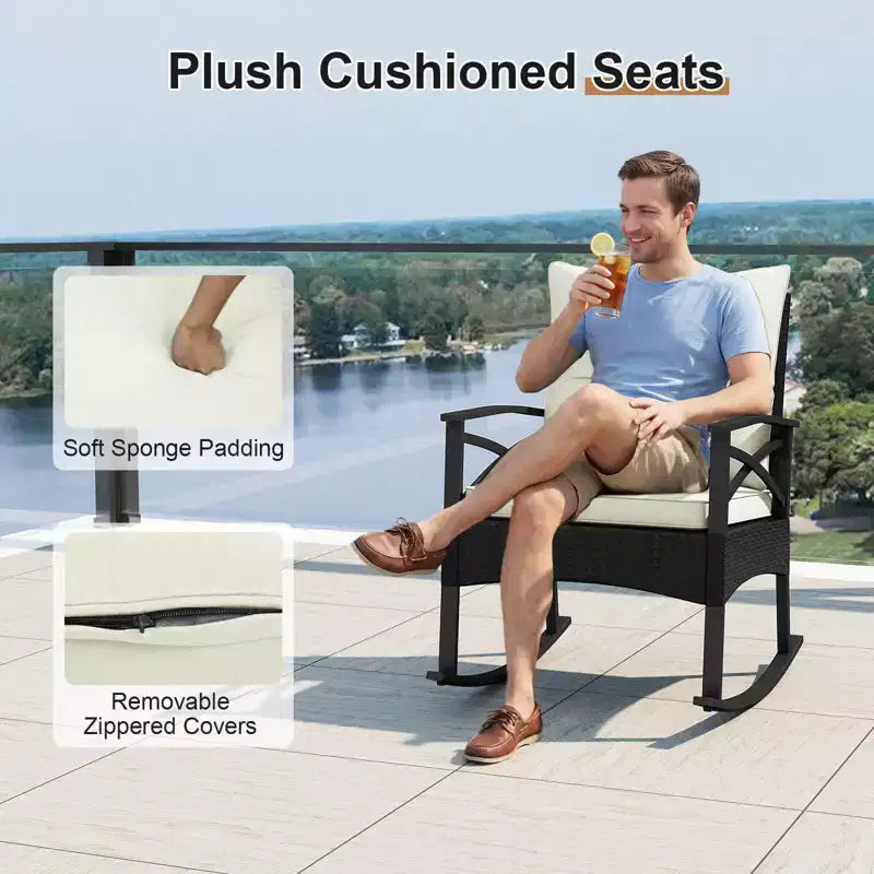 Costway 3 PCS Rattan Rocking Chair Set with Acacia Wood Tabletop Armrests for Porch Balcony Mix Brown + Beige/Gray/Navy/Black