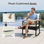 Costway 3 PCS Rattan Rocking Chair Set with Acacia Wood Tabletop Armrests for Porch Balcony Mix Brown + Beige/Gray/Navy/Black