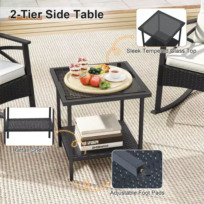 Costway 3 PCS Rattan Rocking Chair Set with Acacia Wood Tabletop Armrests for Porch Balcony Mix Brown + Beige/Gray/Navy/Black