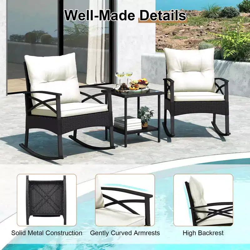 Costway 3 PCS Rattan Rocking Chair Set with Acacia Wood Tabletop Armrests for Porch Balcony Mix Brown + Beige/Gray/Navy/Black