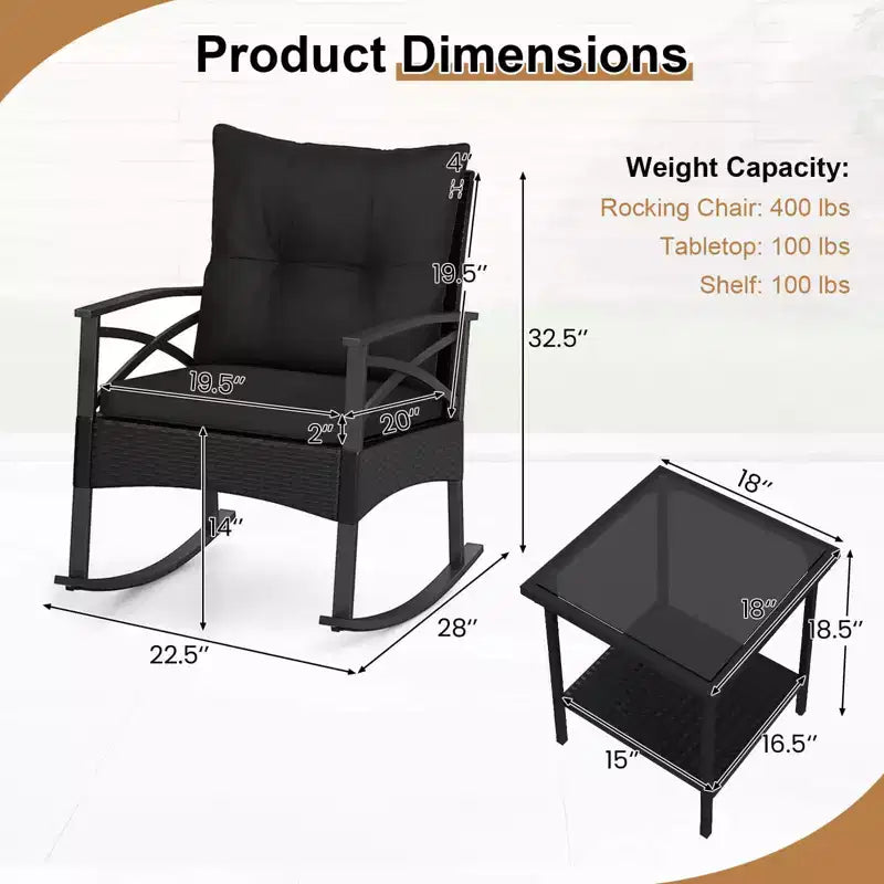 Costway 3 PCS Rattan Rocking Chair Set with Acacia Wood Tabletop Armrests for Porch Balcony Mix Brown + Beige/Gray/Navy/Black
