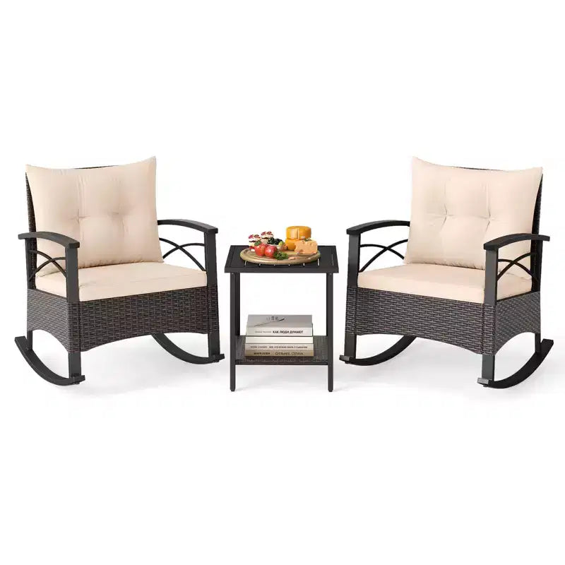 Costway 3 PCS Rattan Rocking Chair Set with Acacia Wood Tabletop Armrests for Porch Balcony Mix Brown + Beige/Gray/Navy/Black