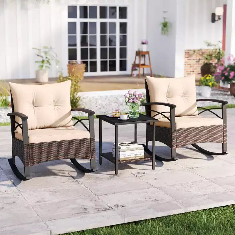 Costway 3 PCS Rattan Rocking Chair Set with Acacia Wood Tabletop Armrests for Porch Balcony Mix Brown + Beige/Gray/Navy/Black