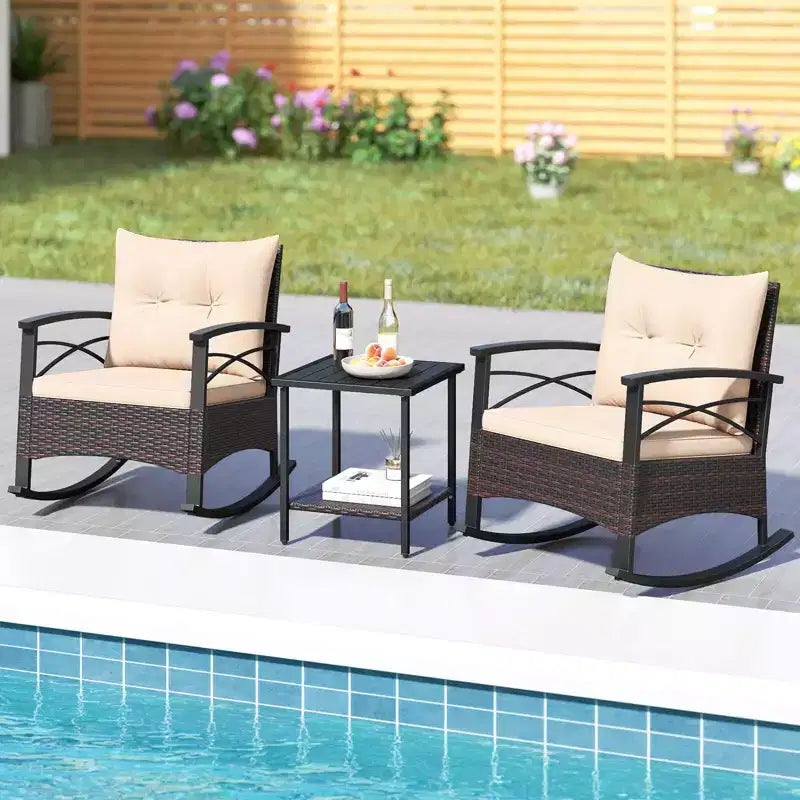 Costway 3 PCS Rattan Rocking Chair Set with Acacia Wood Tabletop Armrests for Porch Balcony Mix Brown + Beige/Gray/Navy/Black
