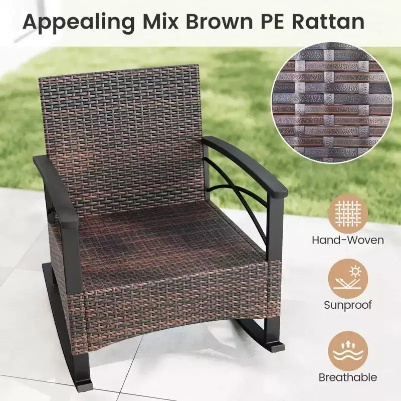 Costway 3 PCS Rattan Rocking Chair Set with Acacia Wood Tabletop Armrests for Porch Balcony Mix Brown + Beige/Gray/Navy/Black