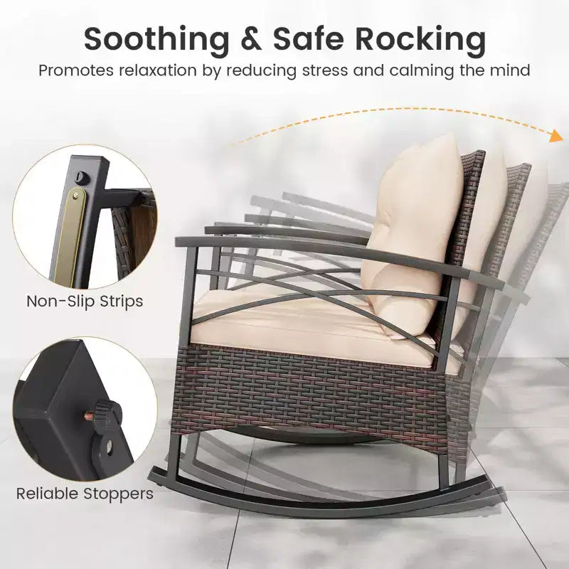 Costway 3 PCS Rattan Rocking Chair Set with Acacia Wood Tabletop Armrests for Porch Balcony Mix Brown + Beige/Gray/Navy/Black