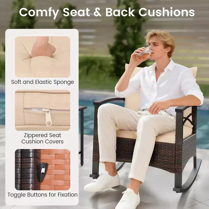 Costway 3 PCS Rattan Rocking Chair Set with Acacia Wood Tabletop Armrests for Porch Balcony Mix Brown + Beige/Gray/Navy/Black