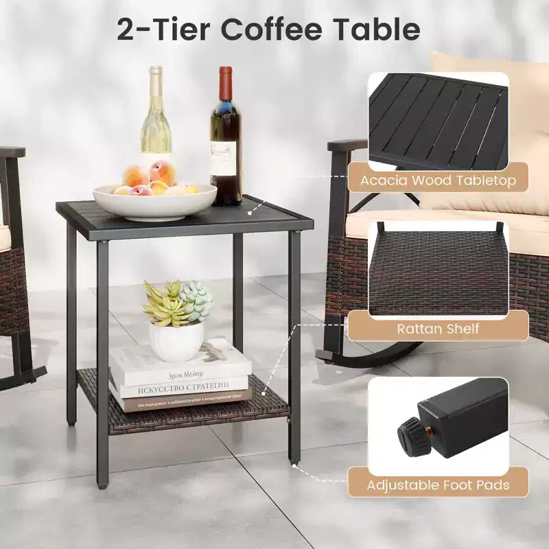 Costway 3 PCS Rattan Rocking Chair Set with Acacia Wood Tabletop Armrests for Porch Balcony Mix Brown + Beige/Gray/Navy/Black