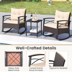 Costway 3 PCS Rattan Rocking Chair Set with Acacia Wood Tabletop Armrests for Porch Balcony Mix Brown + Beige/Gray/Navy/Black