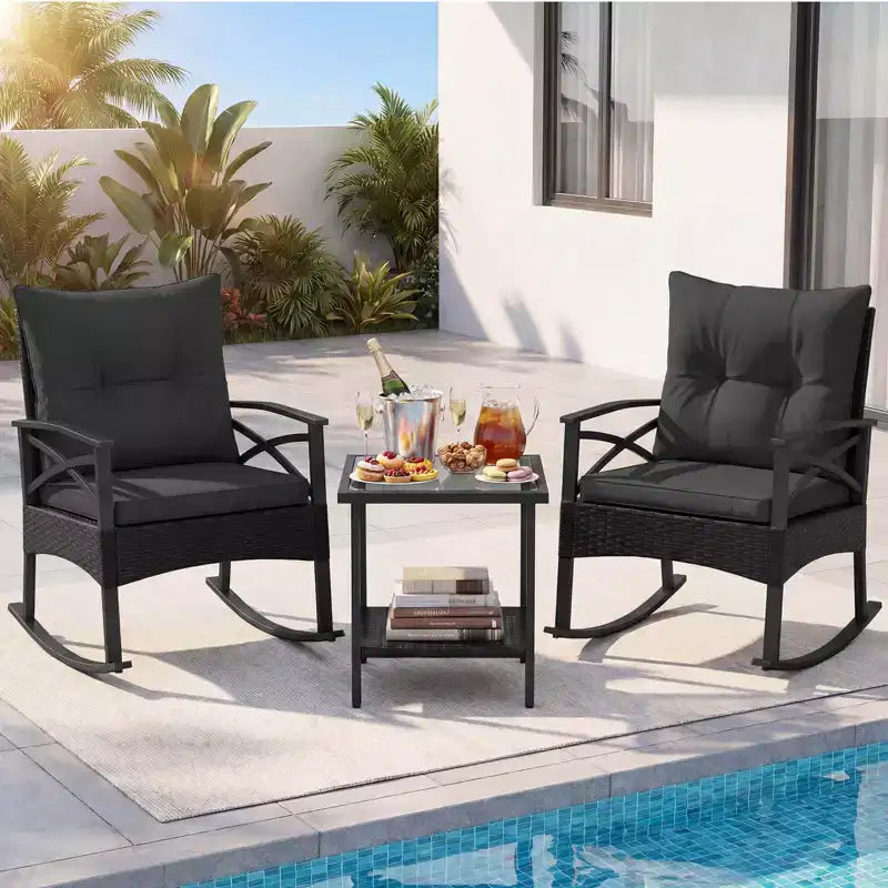 Costway 3 PCS Rattan Rocking Chair Set with Acacia Wood Tabletop Armrests for Porch Balcony Mix Brown + Beige/Gray/Navy/Black