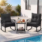 Costway 3 PCS Rattan Rocking Chair Set with Acacia Wood Tabletop Armrests for Porch Balcony Mix Brown + Beige/Gray/Navy/Black