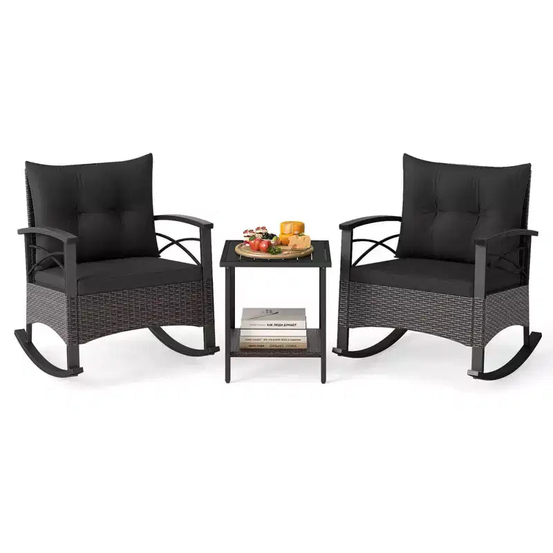 Costway 3 PCS Rattan Rocking Chair Set with Acacia Wood Tabletop Armrests for Porch Balcony Mix Brown + Beige/Gray/Navy/Black