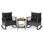 Costway 3 PCS Rattan Rocking Chair Set with Acacia Wood Tabletop Armrests for Porch Balcony Mix Brown + Beige/Gray/Navy/Black