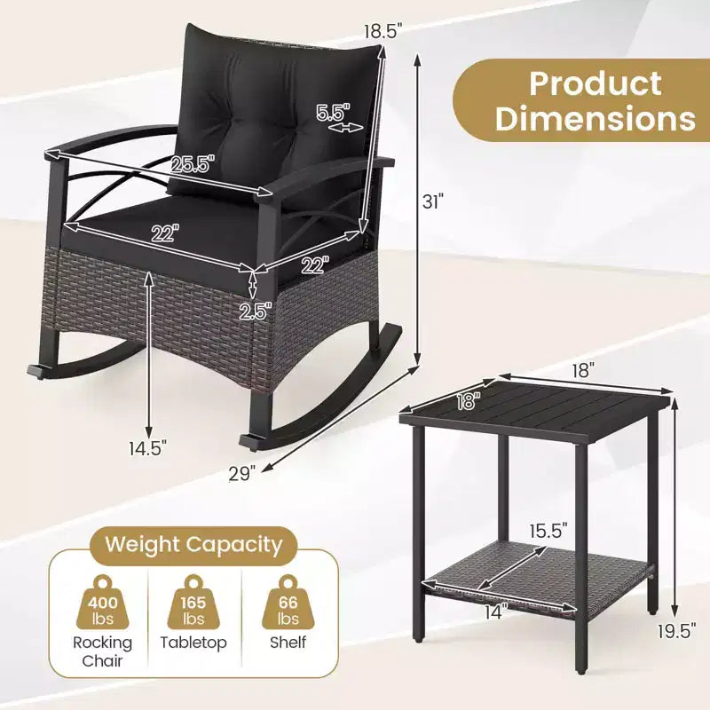 Costway 3 PCS Rattan Rocking Chair Set with Acacia Wood Tabletop Armrests for Porch Balcony Mix Brown + Beige/Gray/Navy/Black