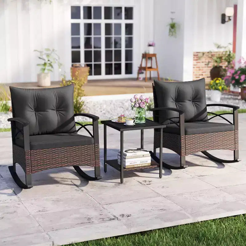 Costway 3 PCS Rattan Rocking Chair Set with Acacia Wood Tabletop Armrests for Porch Balcony Mix Brown + Beige/Gray/Navy/Black