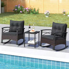 Costway 3 PCS Rattan Rocking Chair Set with Acacia Wood Tabletop Armrests for Porch Balcony Mix Brown + Beige/Gray/Navy/Black