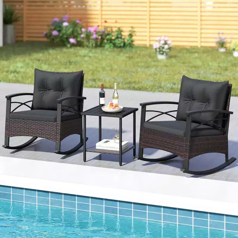 Costway 3 PCS Rattan Rocking Chair Set with Acacia Wood Tabletop Armrests for Porch Balcony Mix Brown + Beige/Gray/Navy/Black