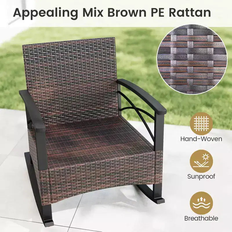 Costway 3 PCS Rattan Rocking Chair Set with Acacia Wood Tabletop Armrests for Porch Balcony Mix Brown + Beige/Gray/Navy/Black