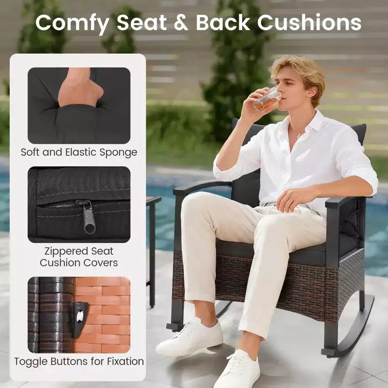 Costway 3 PCS Rattan Rocking Chair Set with Acacia Wood Tabletop Armrests for Porch Balcony Mix Brown + Beige/Gray/Navy/Black