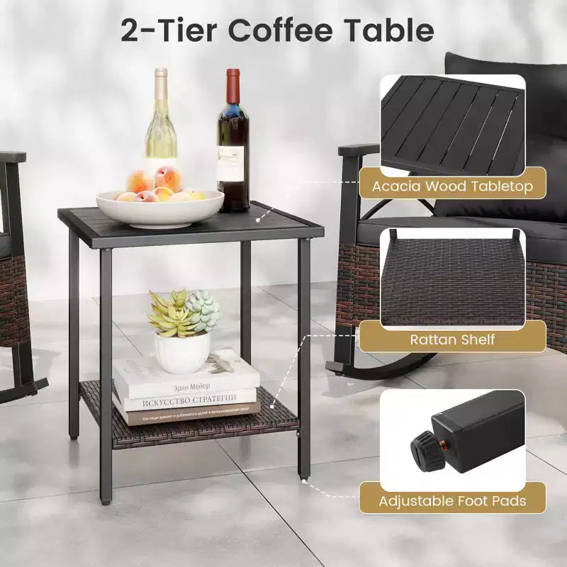 Costway 3 PCS Rattan Rocking Chair Set with Acacia Wood Tabletop Armrests for Porch Balcony Mix Brown + Beige/Gray/Navy/Black