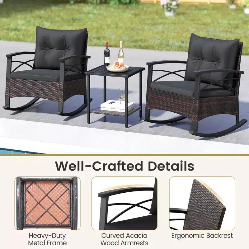 Costway 3 PCS Rattan Rocking Chair Set with Acacia Wood Tabletop Armrests for Porch Balcony Mix Brown + Beige/Gray/Navy/Black