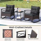 Costway 3 PCS Rattan Rocking Chair Set with Acacia Wood Tabletop Armrests for Porch Balcony Mix Brown + Beige/Gray/Navy/Black
