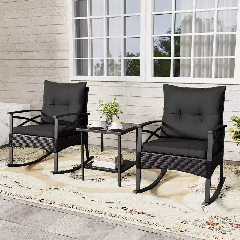 Costway 3 PCS Rattan Rocking Chair Set with Acacia Wood Tabletop Armrests for Porch Balcony Mix Brown + Beige/Gray/Navy/Black