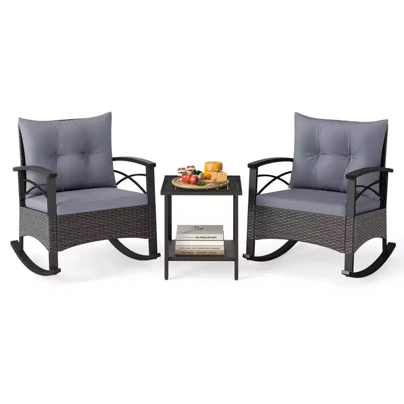 Costway 3 PCS Rattan Rocking Chair Set with Acacia Wood Tabletop Armrests for Porch Balcony Mix Brown + Beige/Gray/Navy/Black