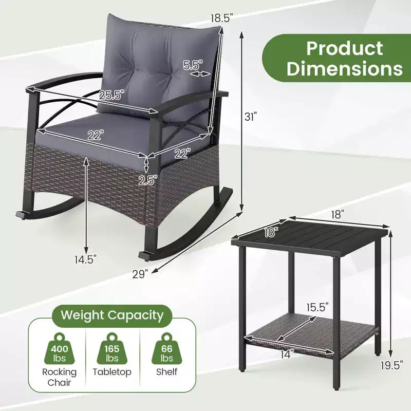 Costway 3 PCS Rattan Rocking Chair Set with Acacia Wood Tabletop Armrests for Porch Balcony Mix Brown + Beige/Gray/Navy/Black