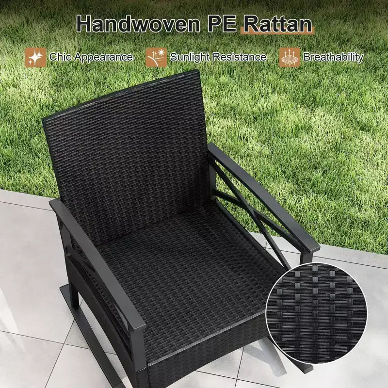 Costway 3 PCS Rattan Rocking Chair Set with Acacia Wood Tabletop Armrests for Porch Balcony Mix Brown + Beige/Gray/Navy/Black