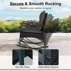 Costway 3 PCS Rattan Rocking Chair Set with Acacia Wood Tabletop Armrests for Porch Balcony Mix Brown + Beige/Gray/Navy/Black