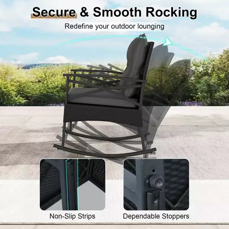 Costway 3 PCS Rattan Rocking Chair Set with Acacia Wood Tabletop Armrests for Porch Balcony Mix Brown + Beige/Gray/Navy/Black