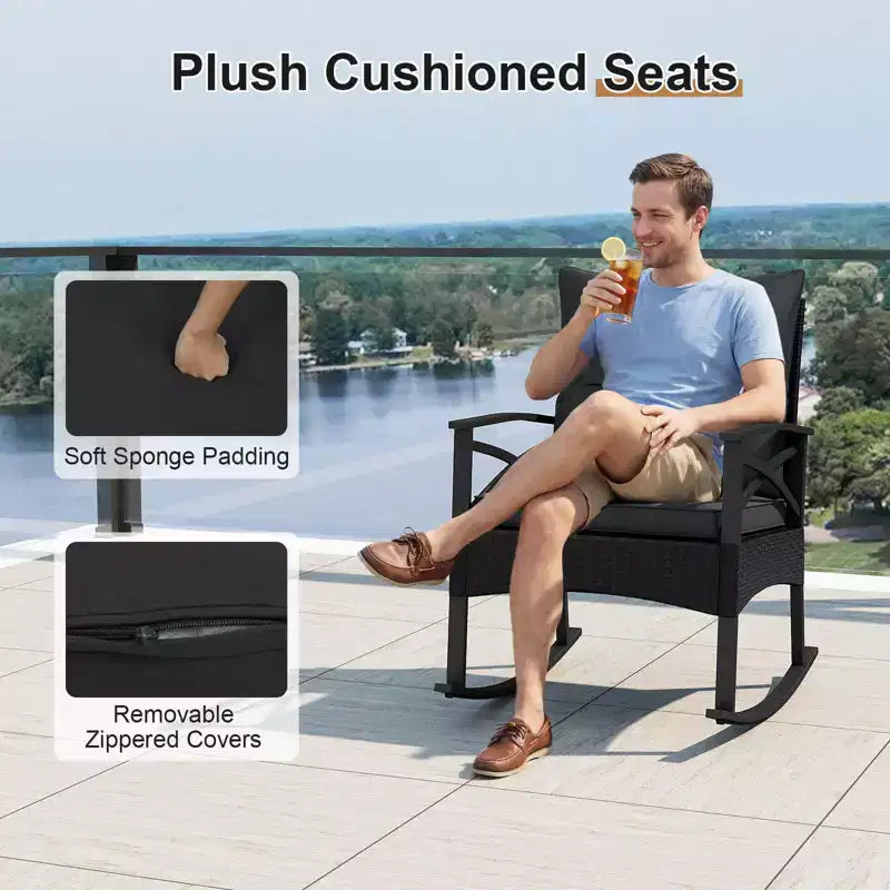 Costway 3 PCS Rattan Rocking Chair Set with Acacia Wood Tabletop Armrests for Porch Balcony Mix Brown + Beige/Gray/Navy/Black
