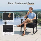 Costway 3 PCS Rattan Rocking Chair Set with Acacia Wood Tabletop Armrests for Porch Balcony Mix Brown + Beige/Gray/Navy/Black