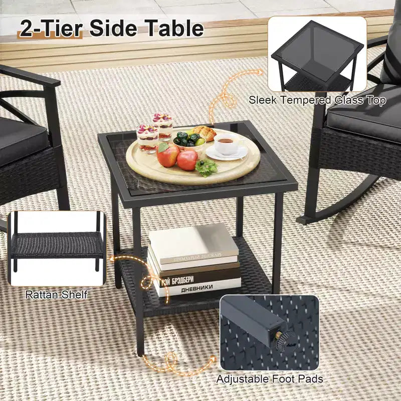 Costway 3 PCS Rattan Rocking Chair Set with Acacia Wood Tabletop Armrests for Porch Balcony Mix Brown + Beige/Gray/Navy/Black