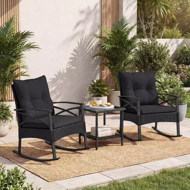 Costway 3 PCS Rattan Rocking Chair Set with Acacia Wood Tabletop Armrests for Porch Balcony Mix Brown + Beige/Gray/Navy/Black