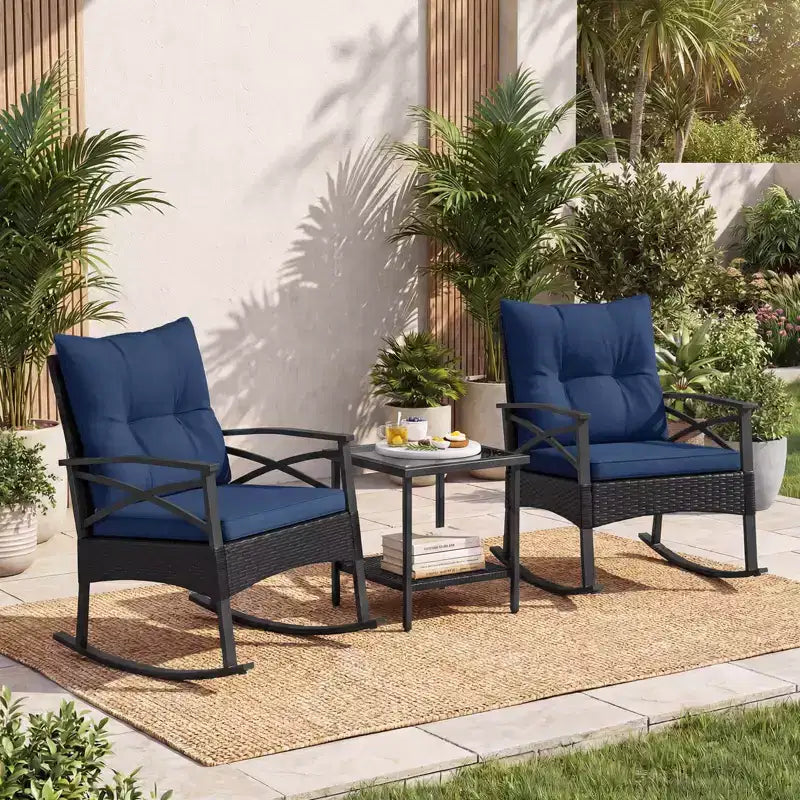 Costway 3 PCS Rattan Rocking Chair Set with Acacia Wood Tabletop Armrests for Porch Balcony Mix Brown + Beige/Gray/Navy/Black