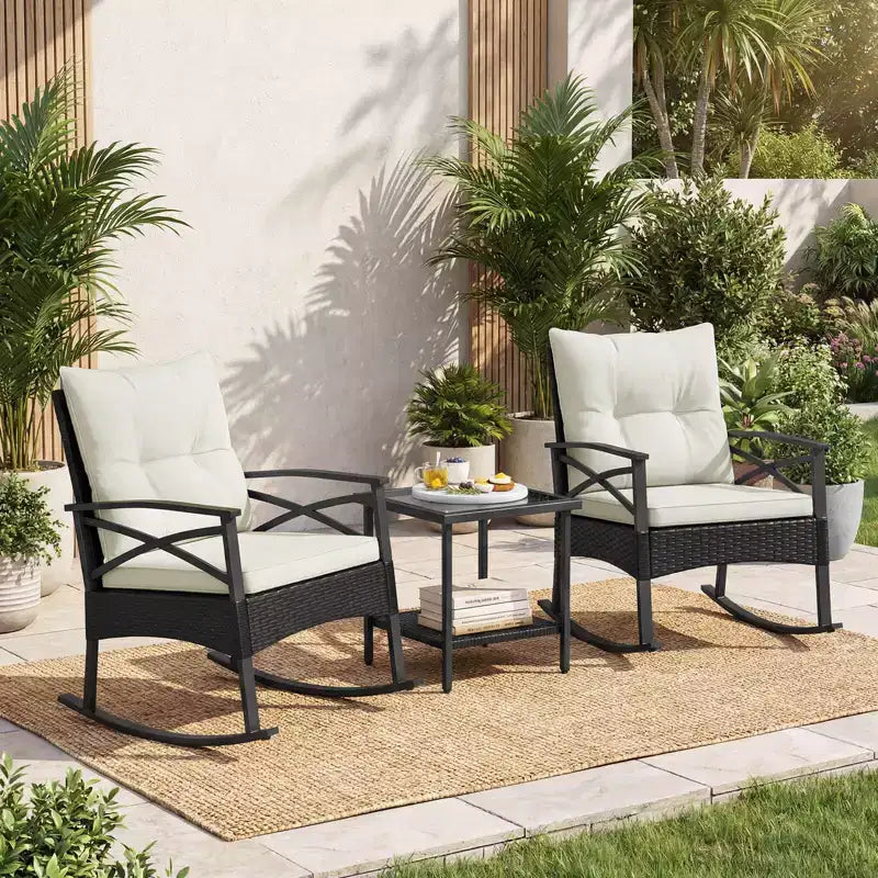 Costway 3 PCS Rattan Rocking Chair Set with Acacia Wood Tabletop Armrests for Porch Balcony Mix Brown + Beige/Gray/Navy/Black