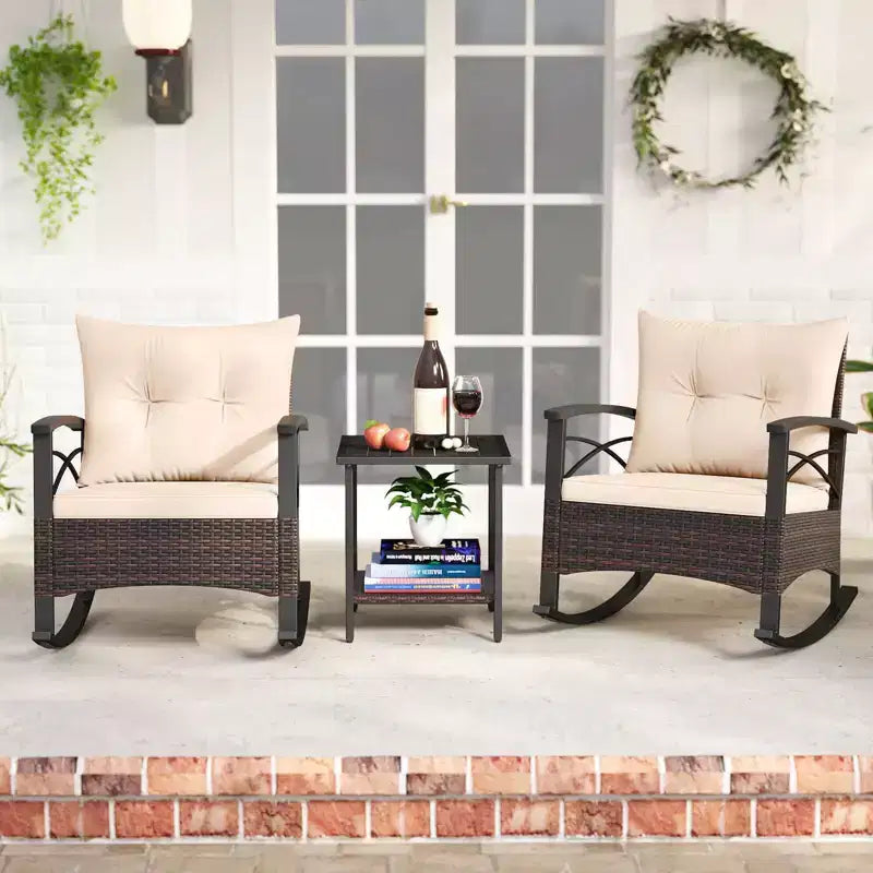 Costway 3 PCS Rattan Rocking Chair Set with Acacia Wood Tabletop Armrests for Porch Balcony Mix Brown + Beige/Gray/Navy/Black