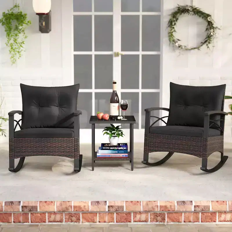 Costway 3 PCS Rattan Rocking Chair Set with Acacia Wood Tabletop Armrests for Porch Balcony Mix Brown + Beige/Gray/Navy/Black