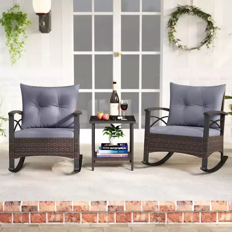 Costway 3 PCS Rattan Rocking Chair Set with Acacia Wood Tabletop Armrests for Porch Balcony Mix Brown + Beige/Gray/Navy/Black