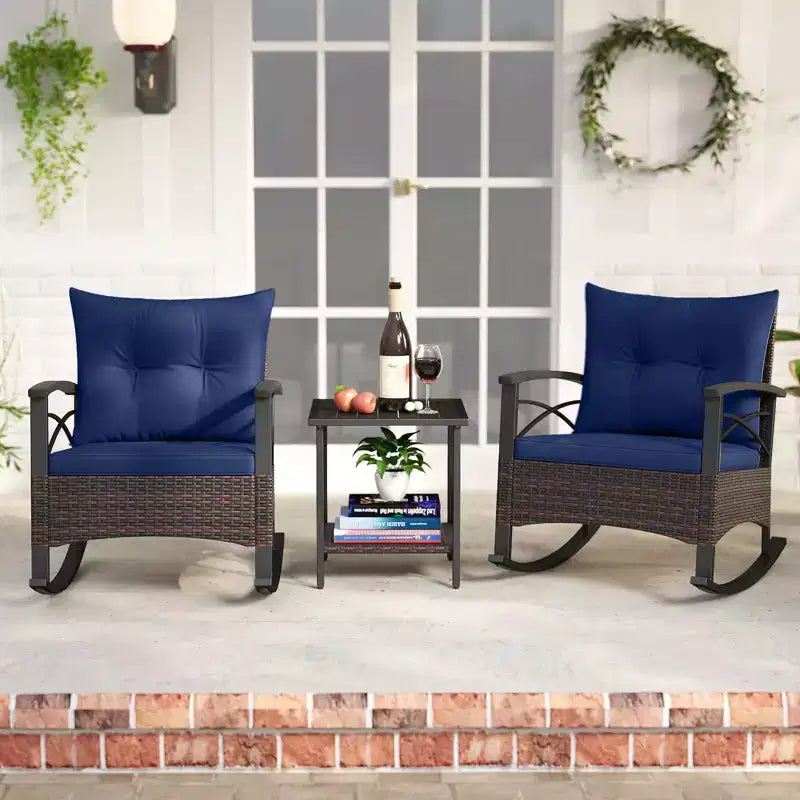 Costway 3 PCS Rattan Rocking Chair Set with Acacia Wood Tabletop Armrests for Porch Balcony Mix Brown + Beige/Gray/Navy/Black