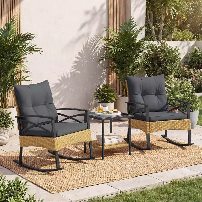 Costway 3 PCS Rattan Rocking Chair Set with Acacia Wood Tabletop Armrests for Porch Balcony Mix Brown + Beige/Gray/Navy/Black